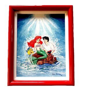 Vtg Acrylic Canvas Board Red Frame Disney Ariel Little Mermaid by Silvie Danseau